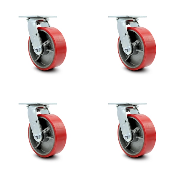 6 Inch Red Poly on Cast Iron Wheel Swivel Caster Set with Ball Bearings SCC